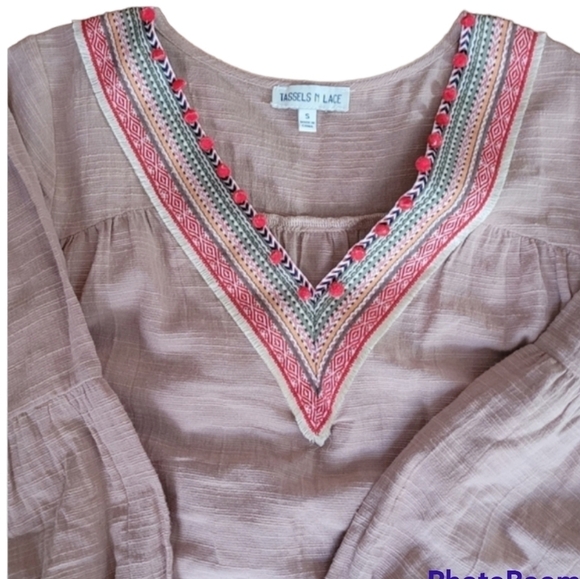 Tassels & Lace Boho Tunic Puff Sleeve Top Small - Picture 3 of 6